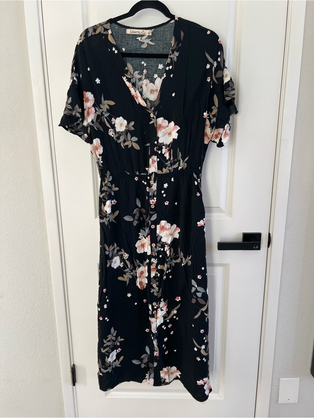 Liberty Love Black Floral Midi Dress with Pink & Cream Blooms